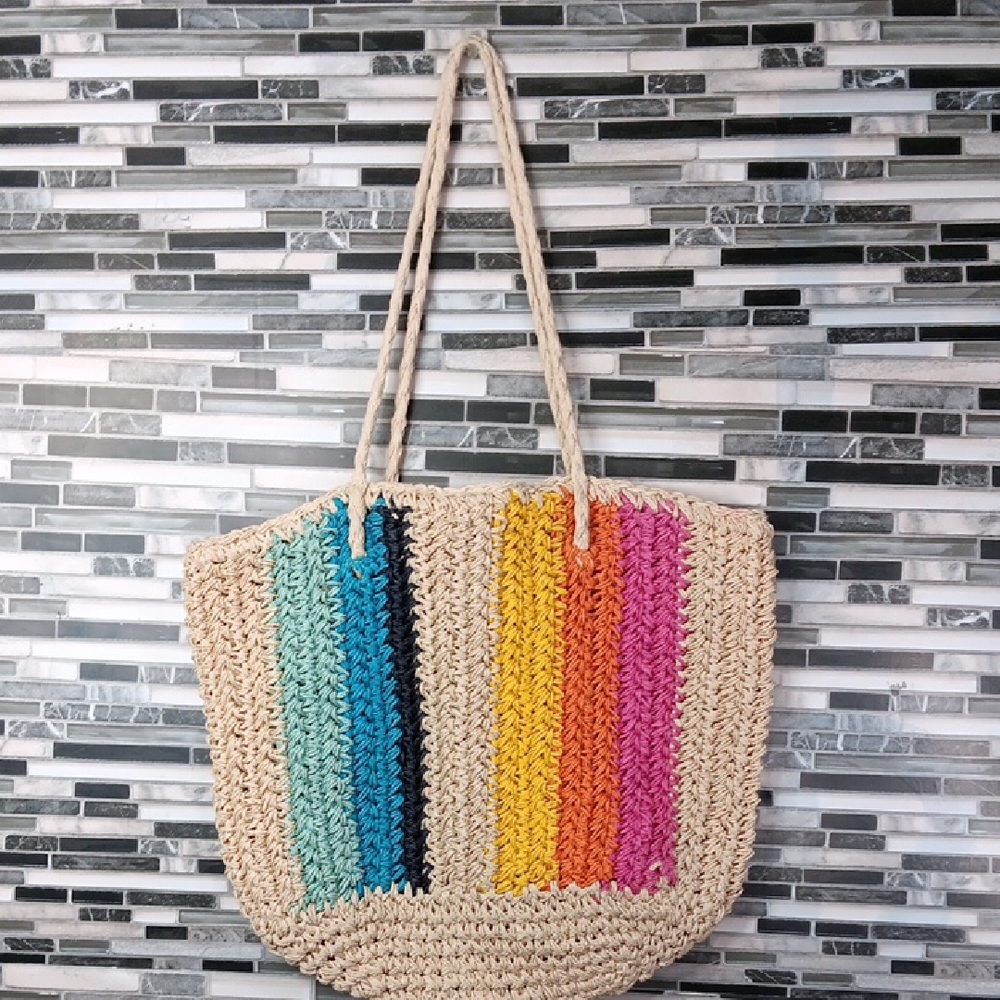 Rainbow Striped Woven Tote Beach Bag